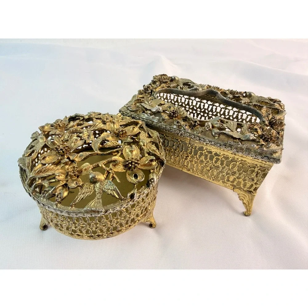 Vintage Hollywood Regency Gold Filigree Bird Flower Tissue Box & Trinket Jar Set